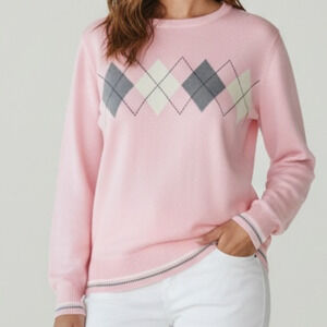 IZOD Women's Pink Argyle Crewneck Cotton Knit Golf Tennis Grandmacore Sweater L
